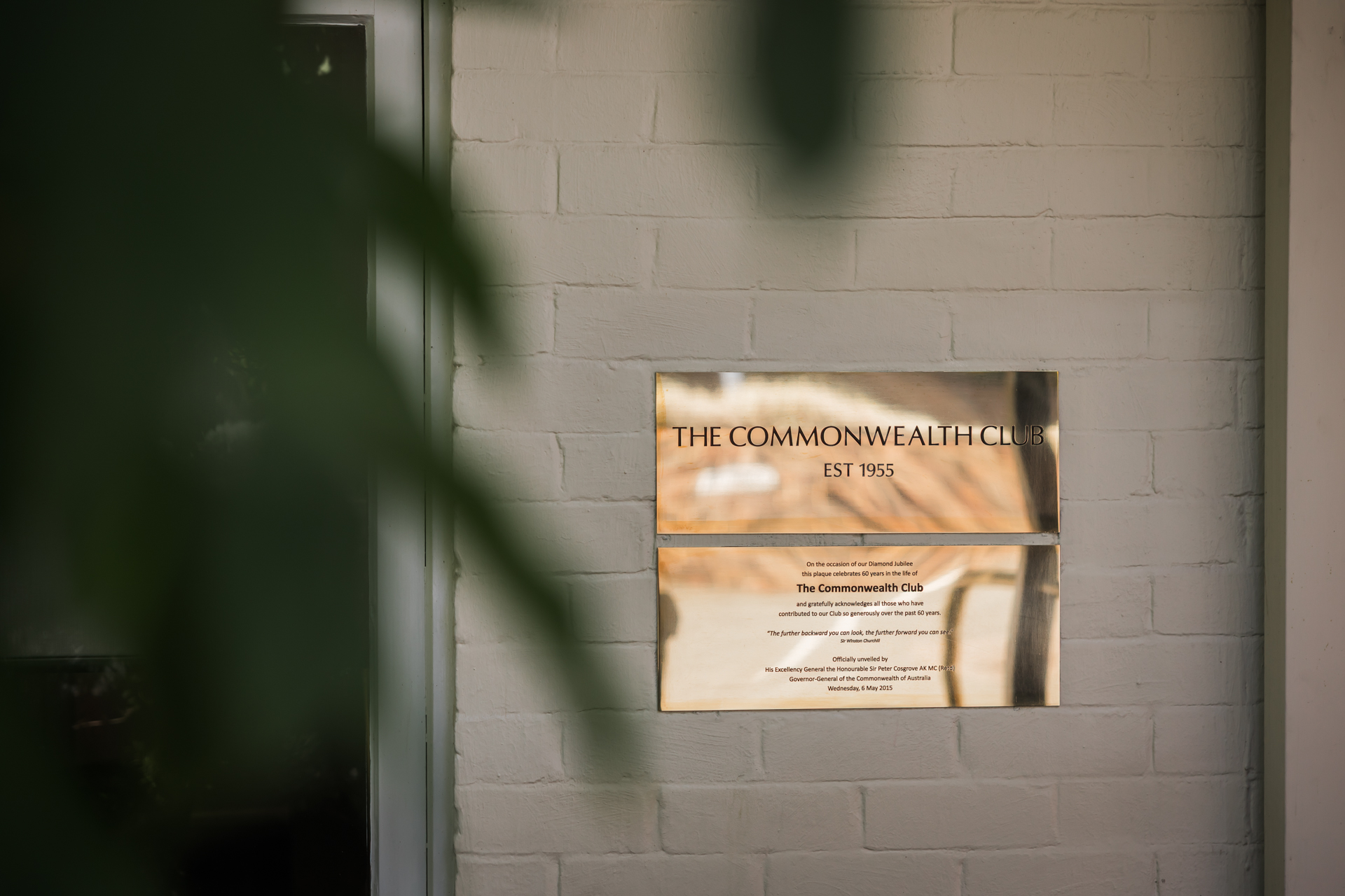 The founding sign at the Commonwealth Club entrance.